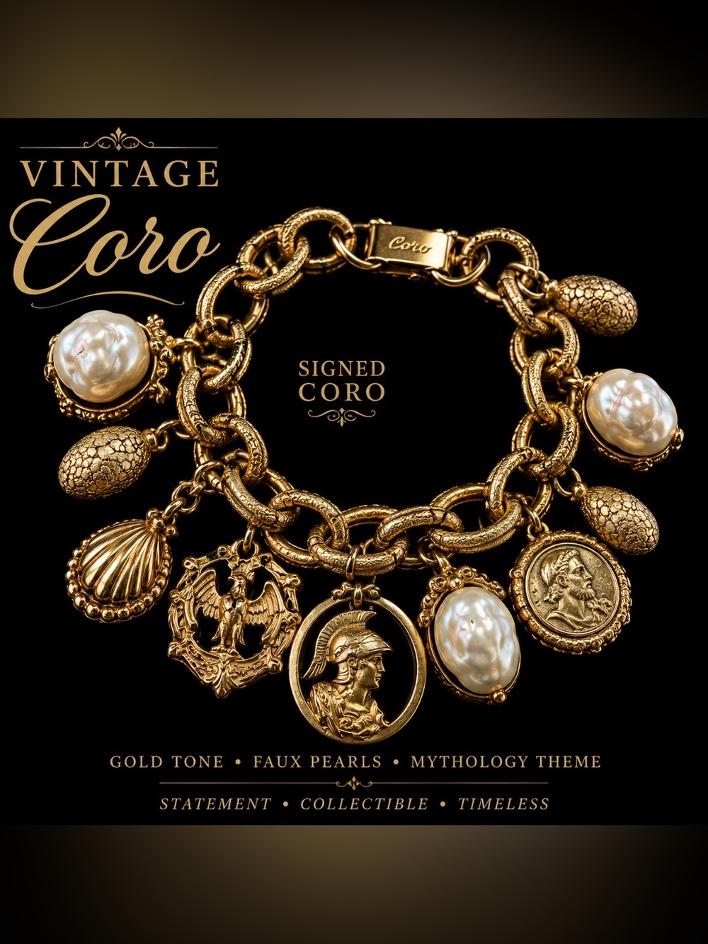 Vintage Coro Gold Tone Charm Bracelet Greek Roman Faux Pearl Signed